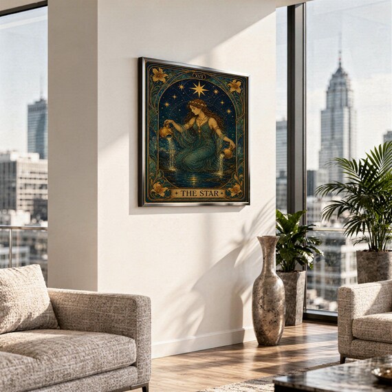 The star tarot card wall art print standing on a white kitchen counter beside potted herbs.