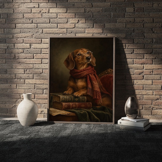 Dachshund wall art print in a white frame leaning against a gray sofa on a sunlit wooden floor.