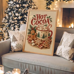 Hot Cocoa Christmas Wall Art, Vintage Gingerbread Cookie Kitchen Poster, Rustic Holiday Art Print zdjęcie 3