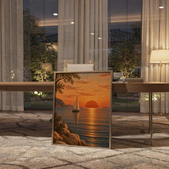 Sunset sailboat wall art print standing on a wooden desk in a home office in warm evening light.