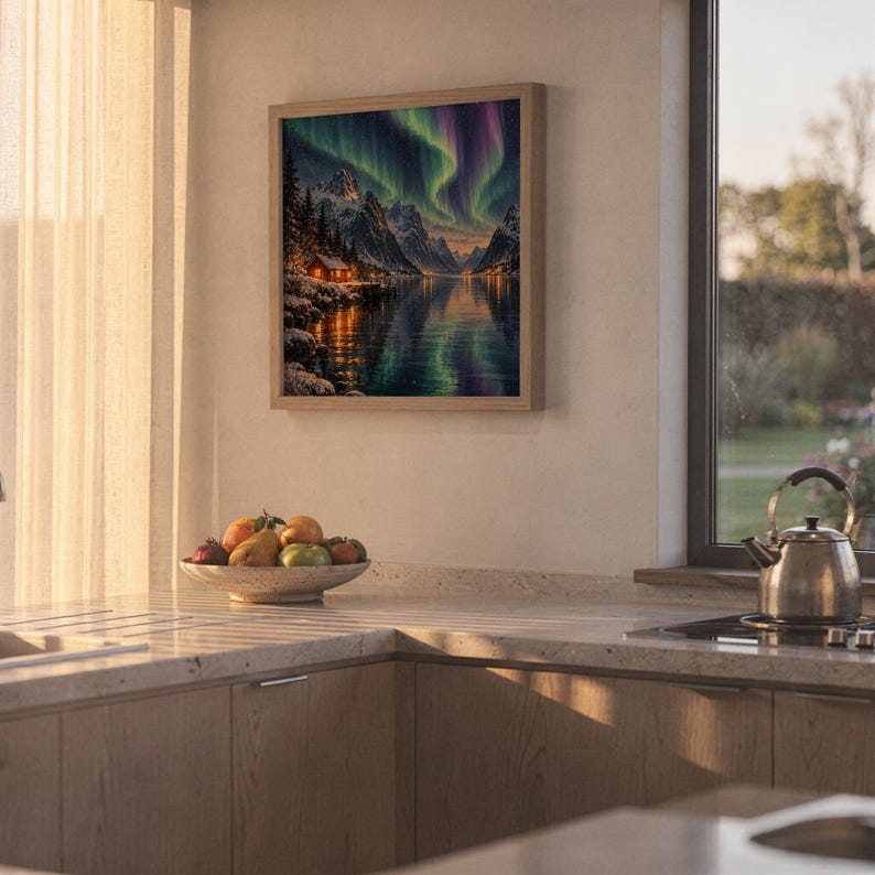 Aurora borealis mountain landscape wall art print hanging above a stone countertop with a fruit bowl in a sunny kitchen.