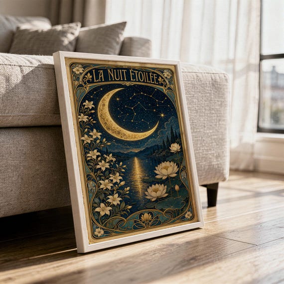 A framed Art Nouveau moon poster rests on a wooden floor near a couch.