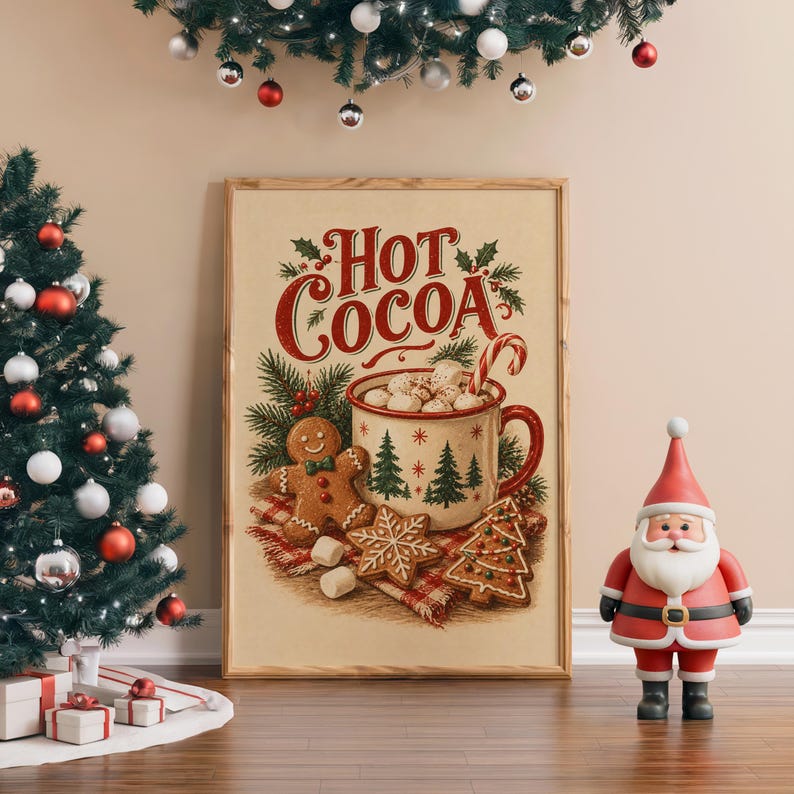 Hot Cocoa Christmas Wall Art, Vintage Gingerbread Cookie Kitchen Poster, Rustic Holiday Art Print zdjęcie 4