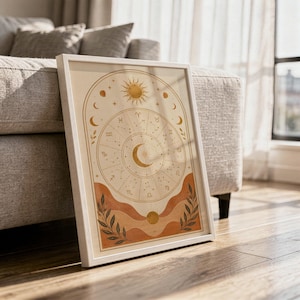 Zodiac wheel wall art print in a white frame leaning against a gray sofa on a sunlit wooden floor.