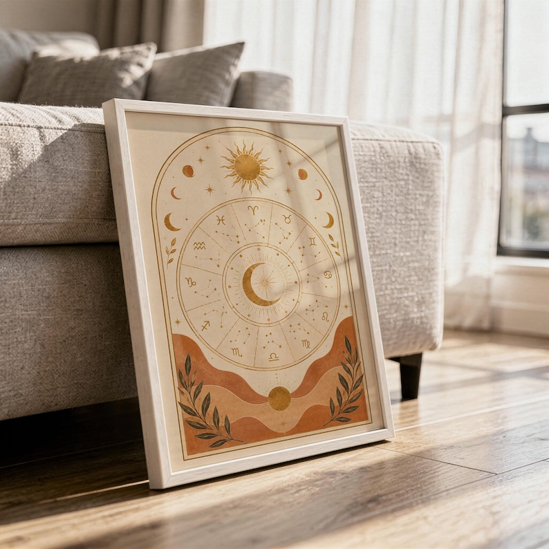 Zodiac wheel wall art print in a white frame leaning against a gray sofa on a sunlit wooden floor.