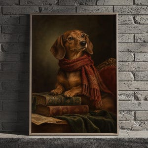 Dachshund wall art print framed and leaning against a beige sofa on a textured rug in a bright Scandinavian living room.