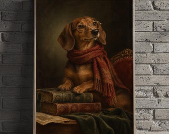 Könnte beinhalten: Ein gerahmter Kunstdruck, der einen braunen Dackel mit runder goldfarbener Brille und einem strukturierten roten Schal zeigt. Der Hund stützt seine Pfoten auf einen Stapel aus zwei alten Büchern neben einem dunkelgrünen Tuch auf einer Holzfläche.