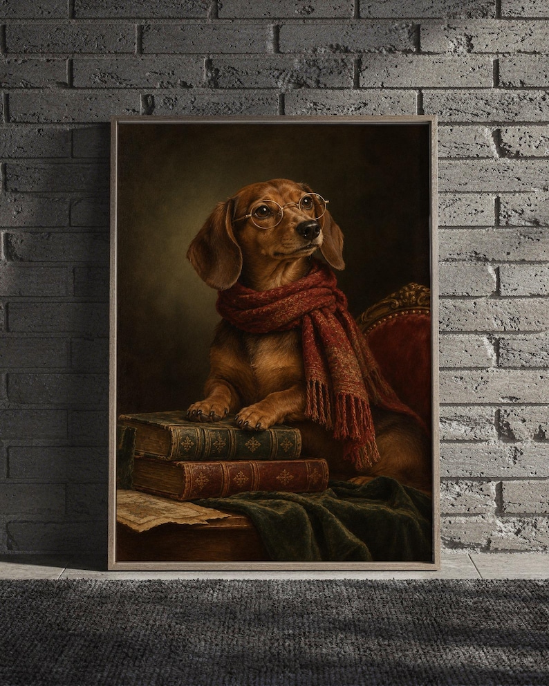 Dachshund wall art print framed and leaning against a beige sofa on a textured rug in a bright Scandinavian living room.