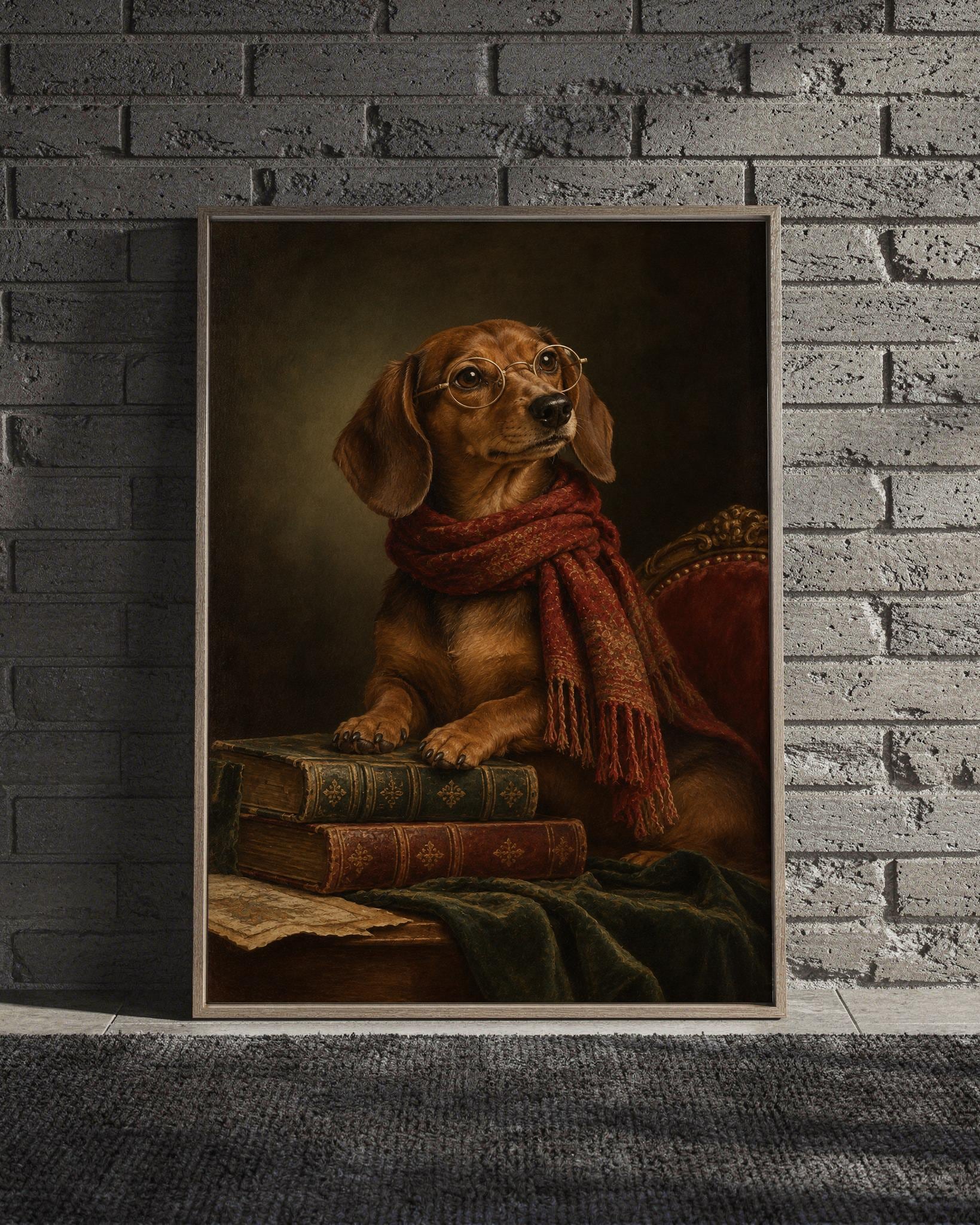 Dachshund wall art print framed and leaning against a beige sofa on a textured rug in a bright Scandinavian living room.