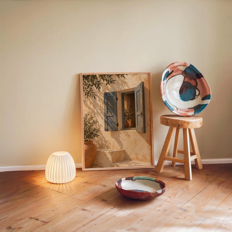 Print size guide for the mediterranean blue shutter wall art print: framed examples in 12x16, 16x20, 18x24, 23.4x33.1 and 24x36 inches on a warm beige wall above a cream sofa; 14 sizes available from 5x7 to 36x48 inches, prints ship unframed.