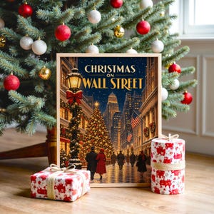Christmas on Wall Street Vintage Wall Art, New York City Holiday Poster, Retro Winter Art Print image 2