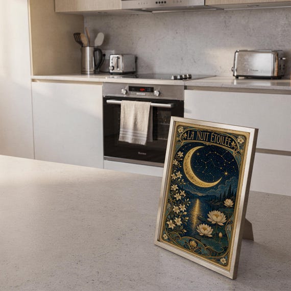 A framed vertical art print titled La Nuit Etoilee resting on a kitchen counter with stainless steel appliances in the background.