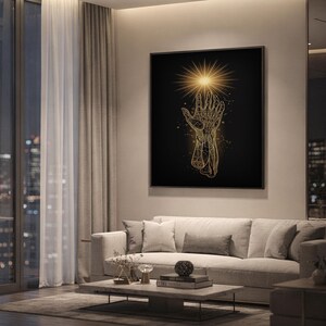 Celestial hand wall art print hanging above a light gray sofa in a modern living room with evening city views through tall windows.