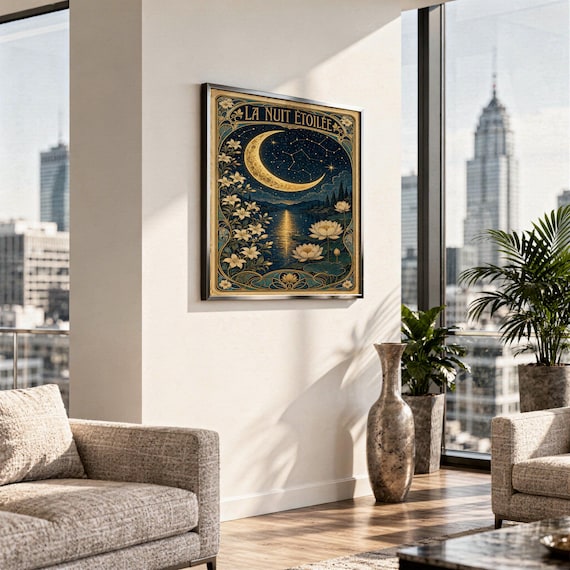 An Art Nouveau moon framed poster hangs on a white wall above a sofa in a room with a city view.