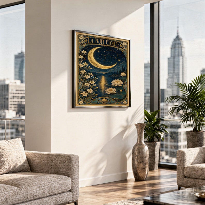An Art Nouveau moon framed poster hangs on a white wall above a sofa in a room with a city view.