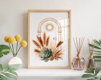 Boho Arch Wall Art, Celestial Sun Print, Sage Green Succulent Poster