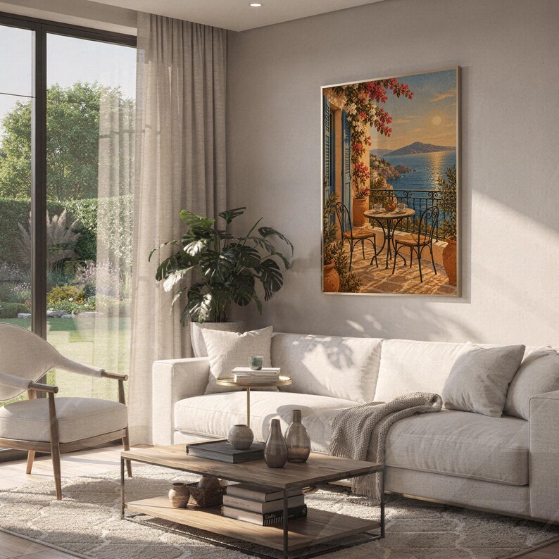 Mediterranean balcony wall art print hanging above a white sofa in a living room with garden views.