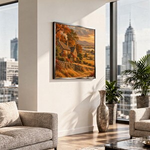 Autumn cottage landscape wall art print hanging in a high-rise apartment living room with a city skyline view.