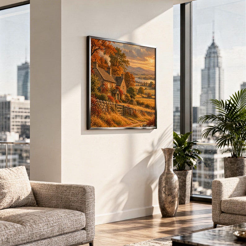Autumn cottage landscape wall art print hanging in a high-rise apartment living room with a city skyline view.