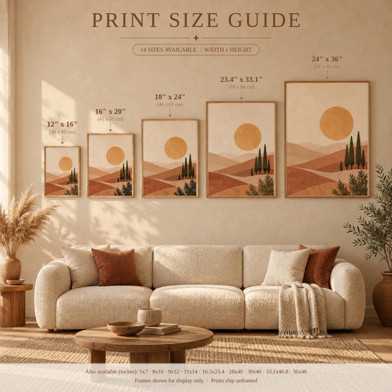 Print size guide for the sun and moon celestial wall art print: framed examples in 12x16, 16x20, 18x24, 23.4x33.1 and 24x36 inches on a warm beige wall above a cream sofa; 14 sizes available from 5x7 to 36x48 inches, prints ship unframed.
