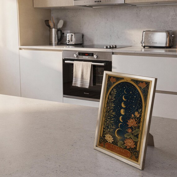 Moon phase wall art print framed and displayed in a modern home interior.