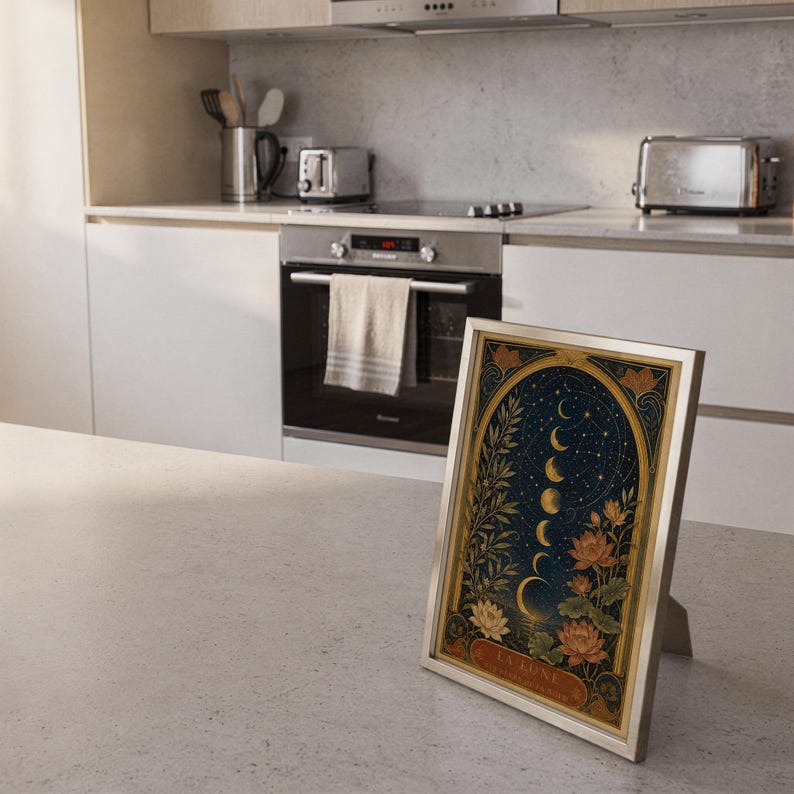 Moon phase wall art print framed and displayed in a modern home interior.