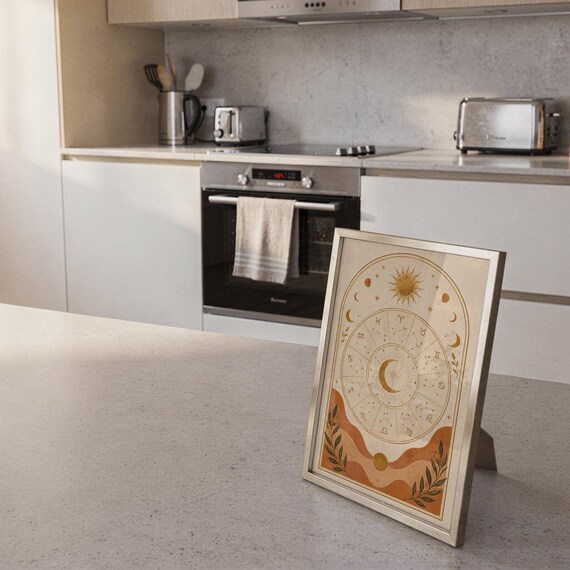 Zodiac wheel wall art print framed and displayed in a modern home interior.
