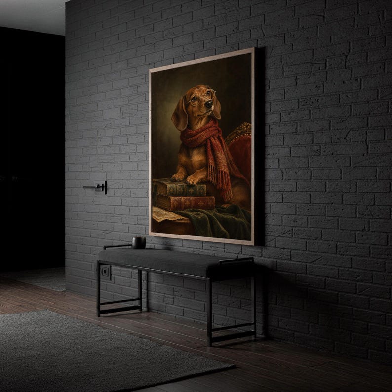 Dachshund wall art print hanging in a high-rise apartment living room with a city skyline view.