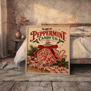 Peppermint Candy Wall Art, Vintage Christmas Kitchen Decor, Retro Holiday Art Print, Red Green Poster image 5
