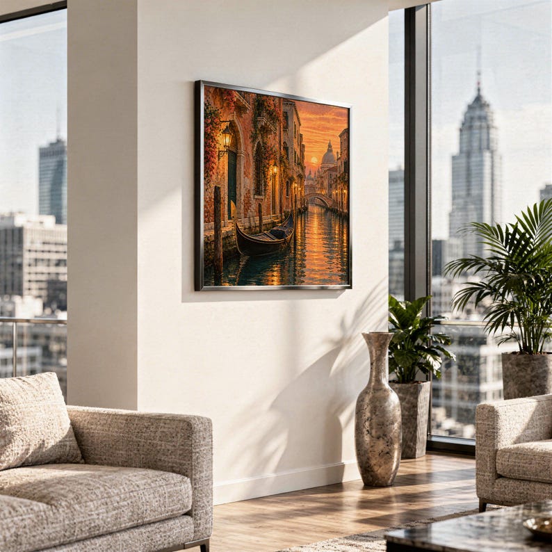 Venice canal sunset wall art print hanging in a high-rise apartment living room with a city skyline view.