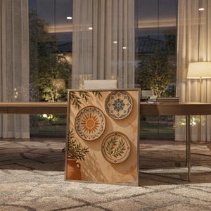 Mediterranean ceramic plate wall art print standing on a wooden desk in a home office in warm evening light.