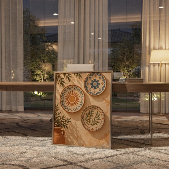 Mediterranean ceramic plate wall art print standing on a wooden desk in a home office in warm evening light.