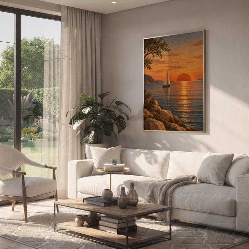 Sunset sailboat wall art print hanging above a white sofa in a living room with garden views.