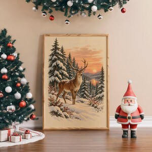 Winter Deer Wall Art, Snowy Forest Sunset Wildlife Art Print, Rustic Cabin Poster Bild 4