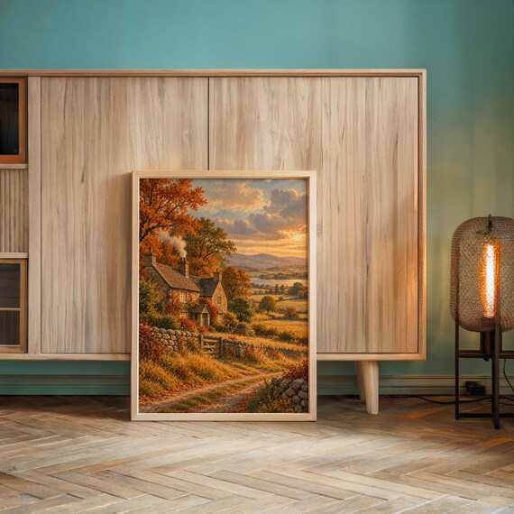 Autumn cottage landscape wall art print leaning against a wooden cabinet by a teal wall beside a glowing floor lamp.