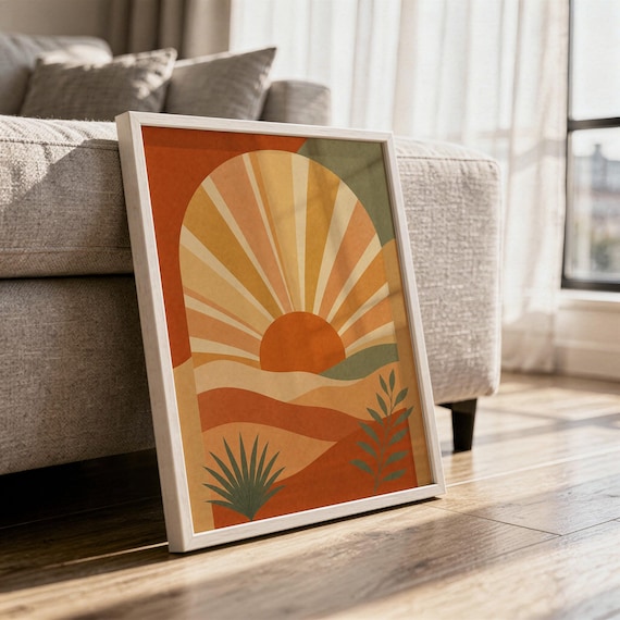 Boho sun arch print in a white frame leaning against a gray sofa on a sunlit wooden floor.