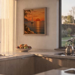 Sunset sailboat wall art print hanging above a stone countertop with a fruit bowl in a sunny kitchen.