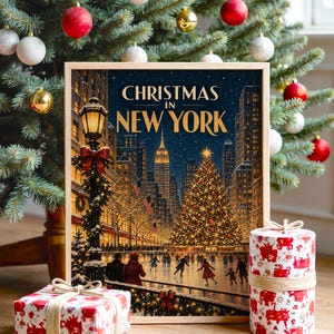 Christmas in New York Wall Art, Vintage NYC Holiday Cityscape Poster, Rockefeller Tree Ice Skating Art Print Bild 1