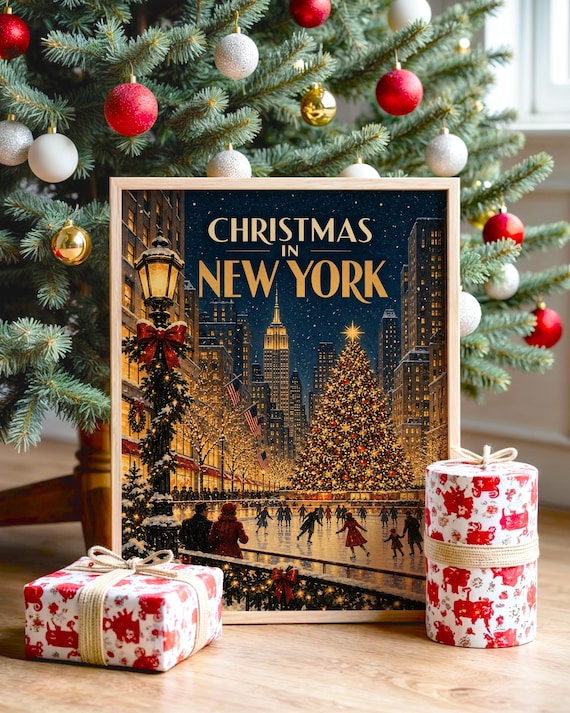 Christmas in New York Wall Art, Vintage NYC Holiday Cityscape Poster, Rockefeller Tree Ice Skating Art Print