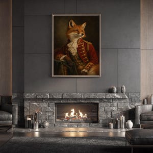 Fox portrait wall art print standing on a white kitchen counter beside potted herbs.