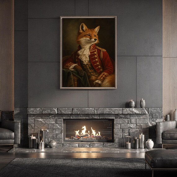 Fox portrait wall art print standing on a white kitchen counter beside potted herbs.