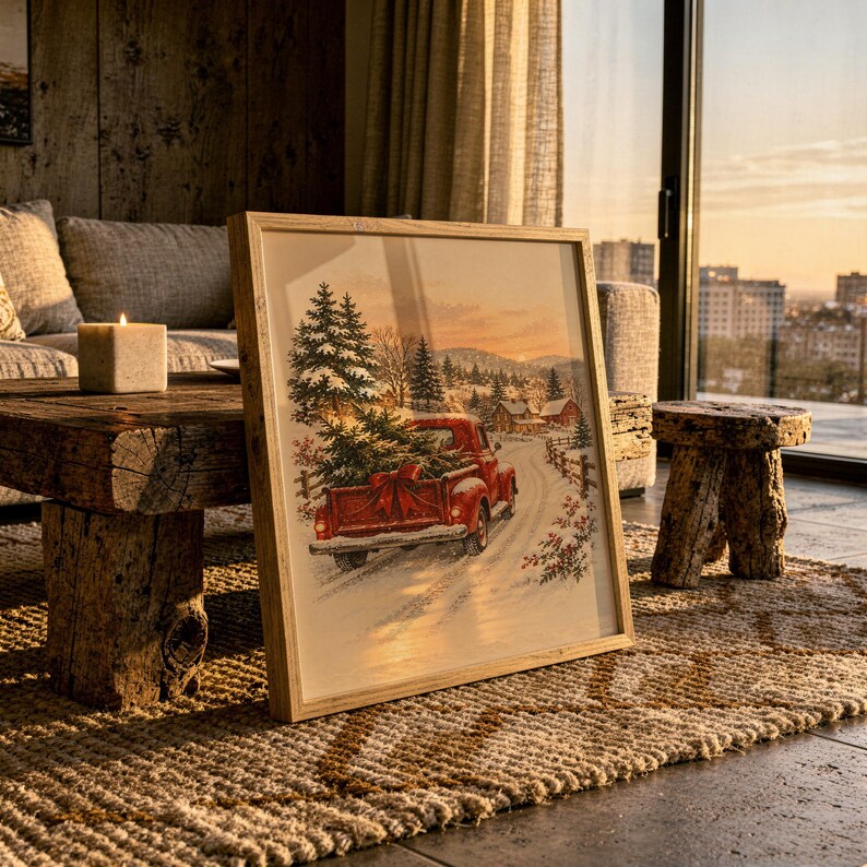 Vintage Red Truck Christmas Wall Art, Snowy Farmhouse Winter Poster, Holiday Tree Art Print zdjęcie 7
