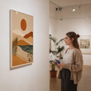 Framed mid century modern desert landscape art viewed by a woman in a minimalist gallery space.