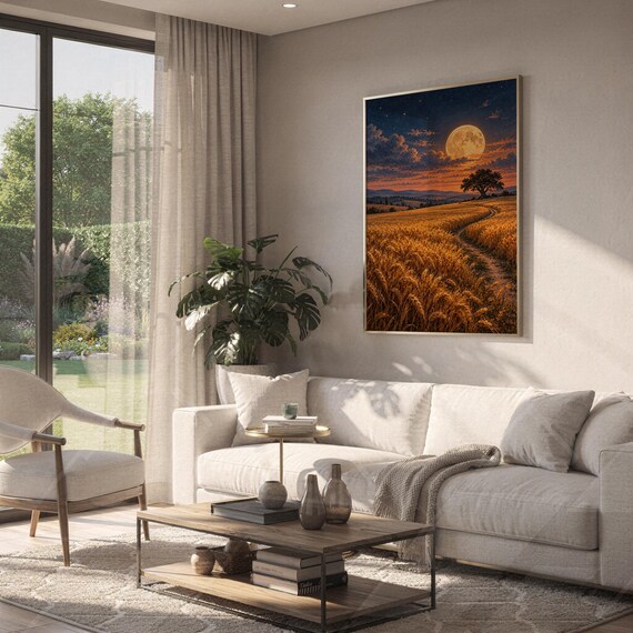 Moon wall art print hanging above a white sofa in a living room with garden views.
