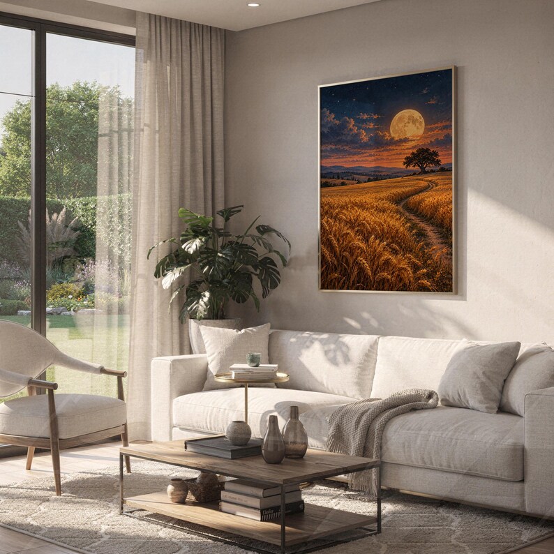 Moon wall art print hanging above a white sofa in a living room with garden views.