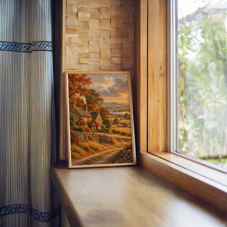 Autumn cottage landscape wall art print standing on a wooden window sill in warm natural light.