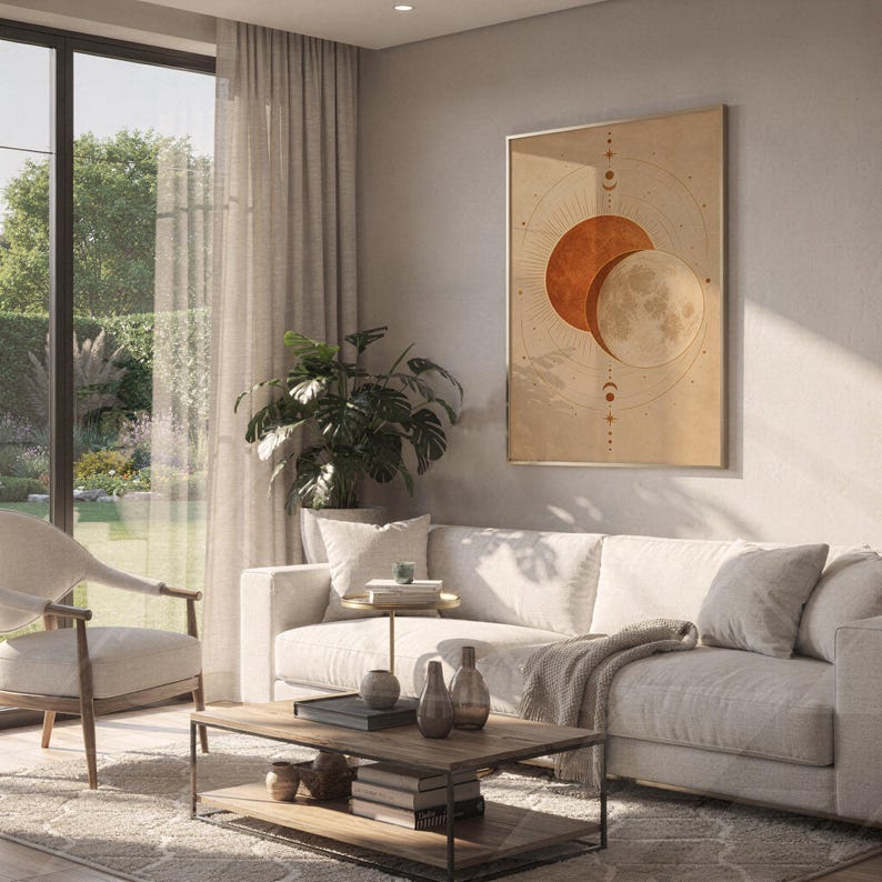Sun and moon celestial wall art print hanging above a white sofa in a living room with garden views.