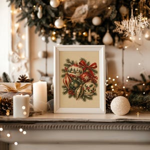 Vintage Christmas Ornaments Wall Art, Rustic Holiday Decor Poster, Red Green Botanical Art Print zdjęcie 16