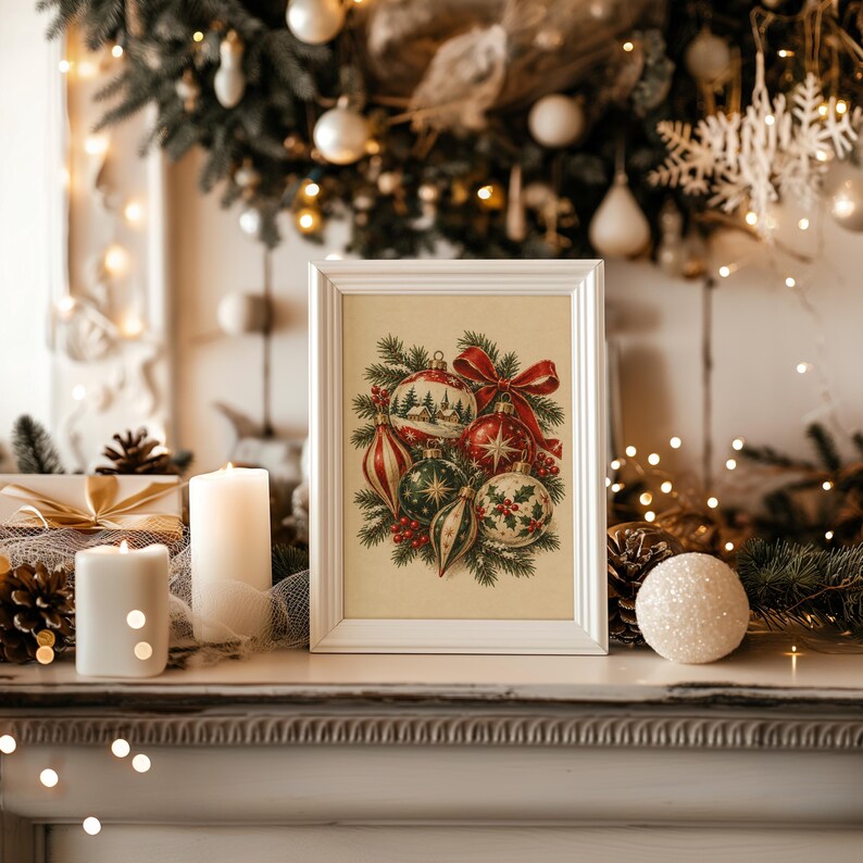 Vintage Christmas Ornaments Wall Art, Rustic Holiday Decor Poster, Red Green Botanical Art Print zdjęcie 16
