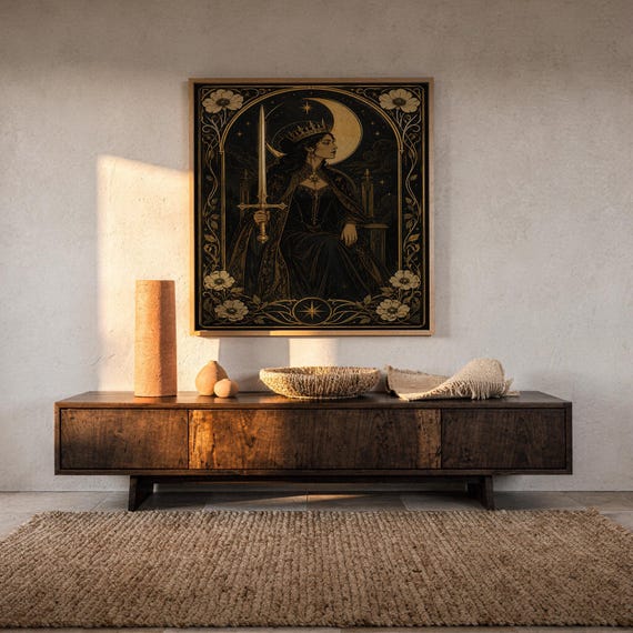 Gothic moon queen wall art print hanging above a dark wood console and jute rug in a warm neutral interior.